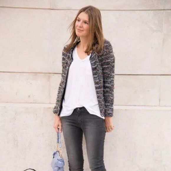 Isabel Marant Monty Wool Alpaca Black Varsity Jacket  Striped Tweed Size M - Picture 8 of 17